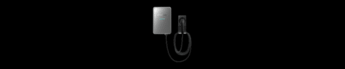 A wall-mounted electric vehicle charging station with a connected charging cable and nozzle, displayed against a black background.