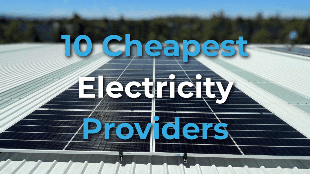 Rooftop solar panels under a clear sky with the text "10 Cheapest Electricity Providers" overlaid in bold letters.