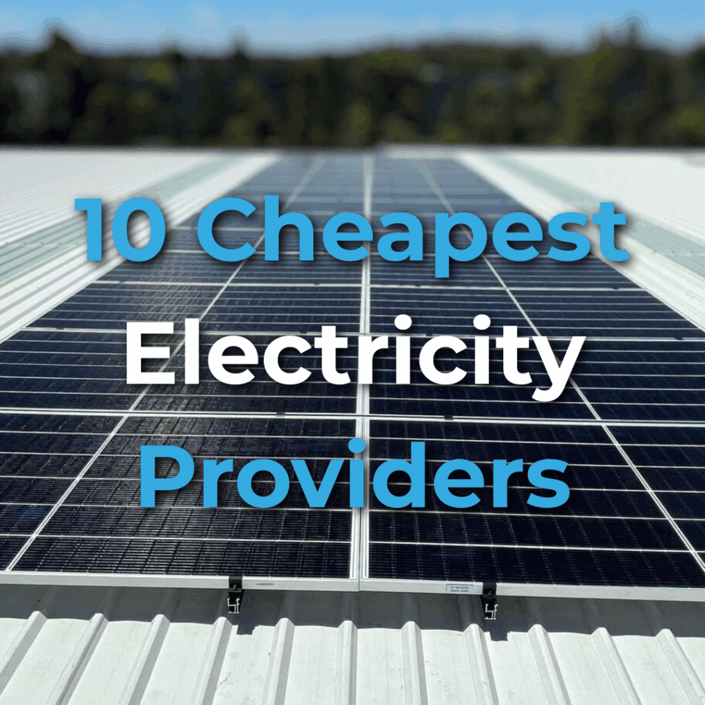 Rows of solar panels on a rooftop with the text "10 Cheapest Electricity Providers" overlayed in blue and white.