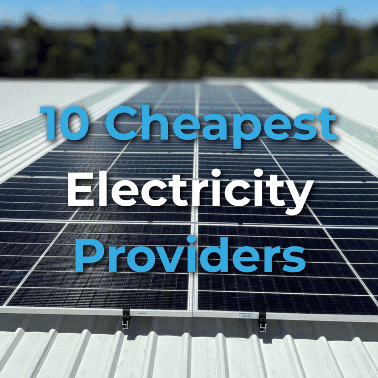 Rows of solar panels on a rooftop with the text "10 Cheapest Electricity Providers" overlayed in blue and white.