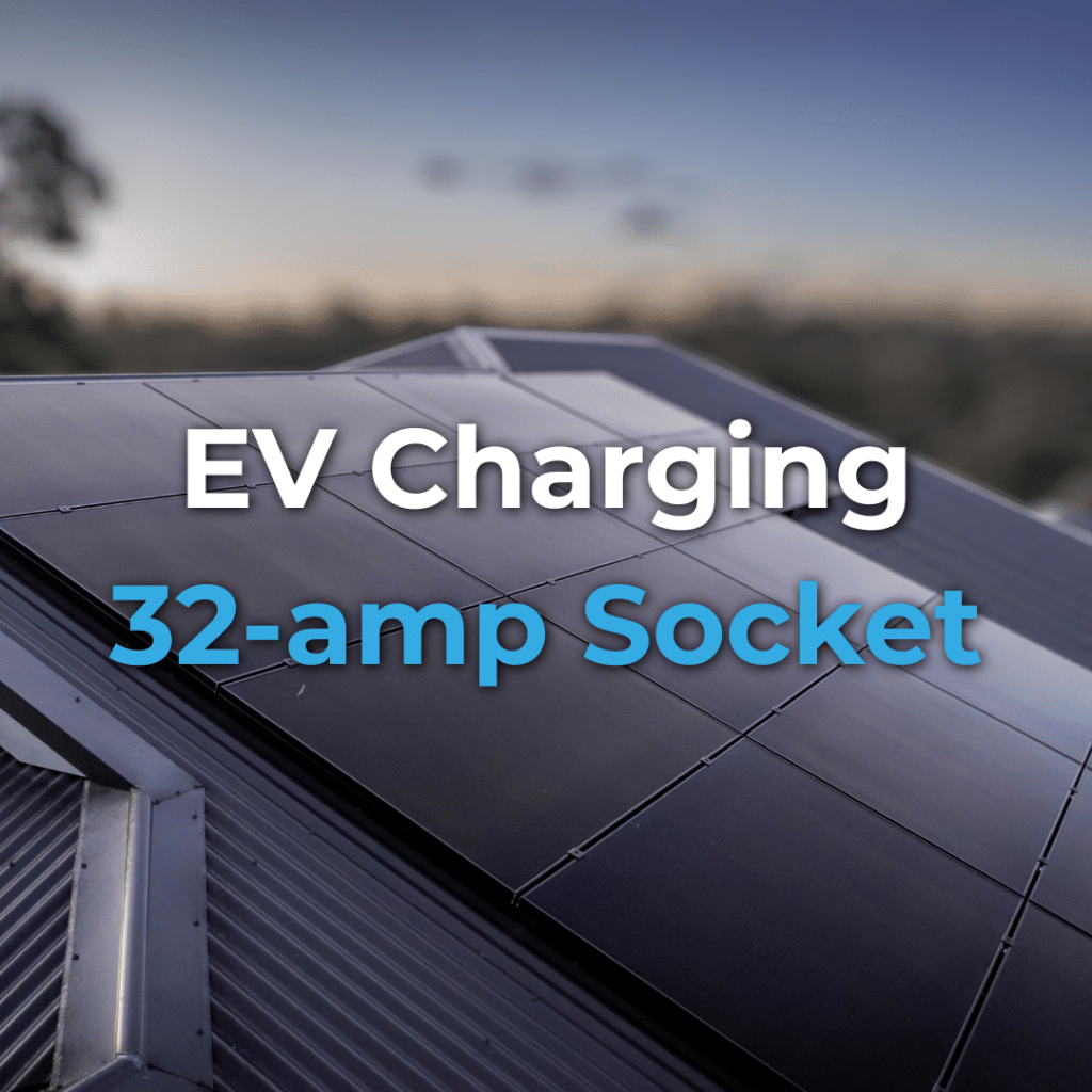 Solar panels installed on a roof with the text "EV Charging 32-amp Socket" overlaid on the image.
