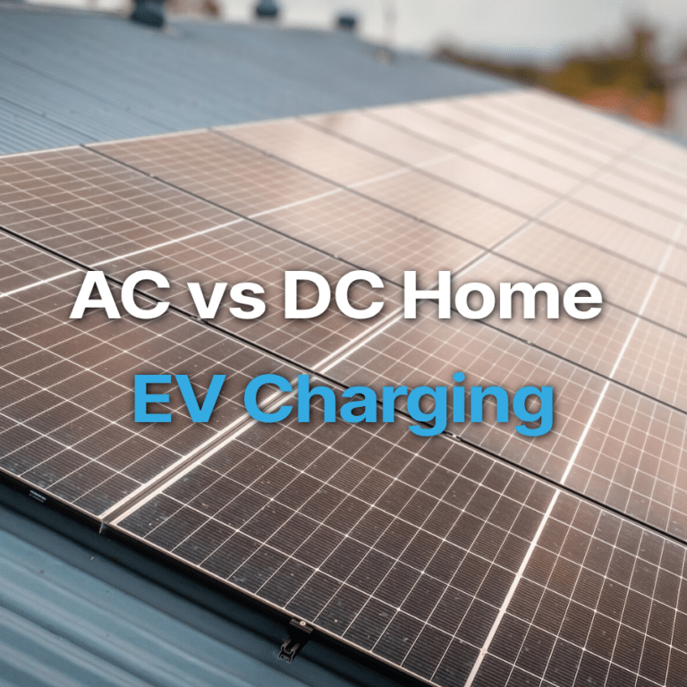 Solar panels on a rooftop with text overlay "AC vs DC Home EV Charging".