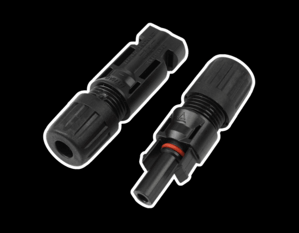 Two black electrical connectors, one male and one female, with a cylindrical shape and ridged exterior, shown on a solid black background.