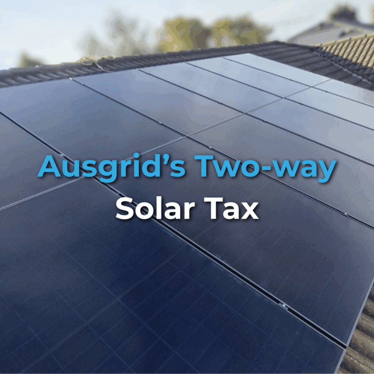 Close-up of rooftop solar panels with the text "Ausgrid’s Two-way Solar Tax" overlaid in the center.