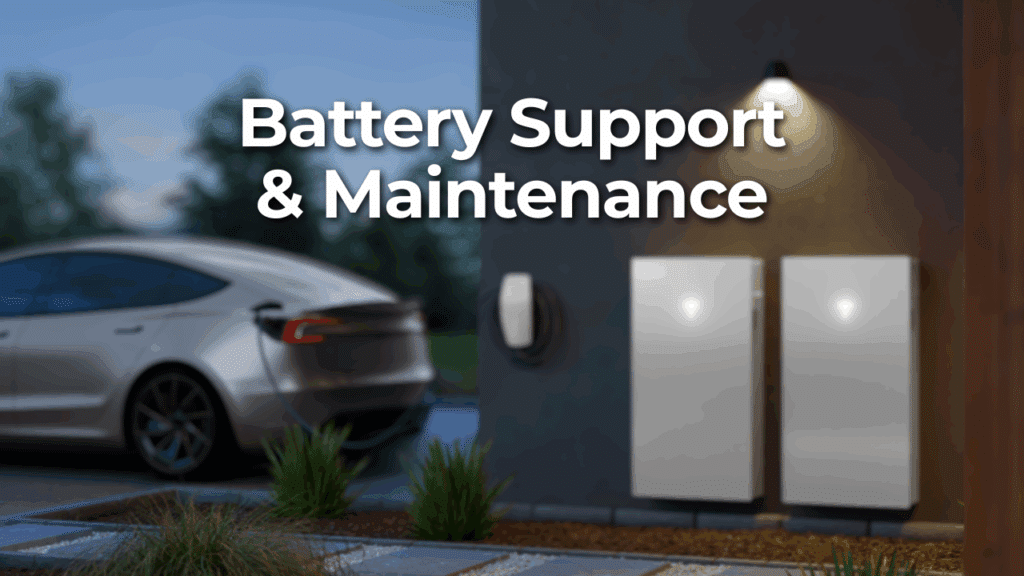 A parked electric car near a house with two wall-mounted battery storage units and a charger; text reads "Battery Support & Maintenance.