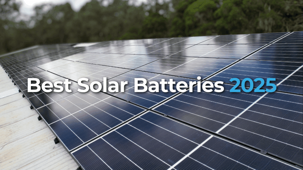 Rows of solar panels outdoors with the text “Best Solar Batteries 2025” overlaid on the image.