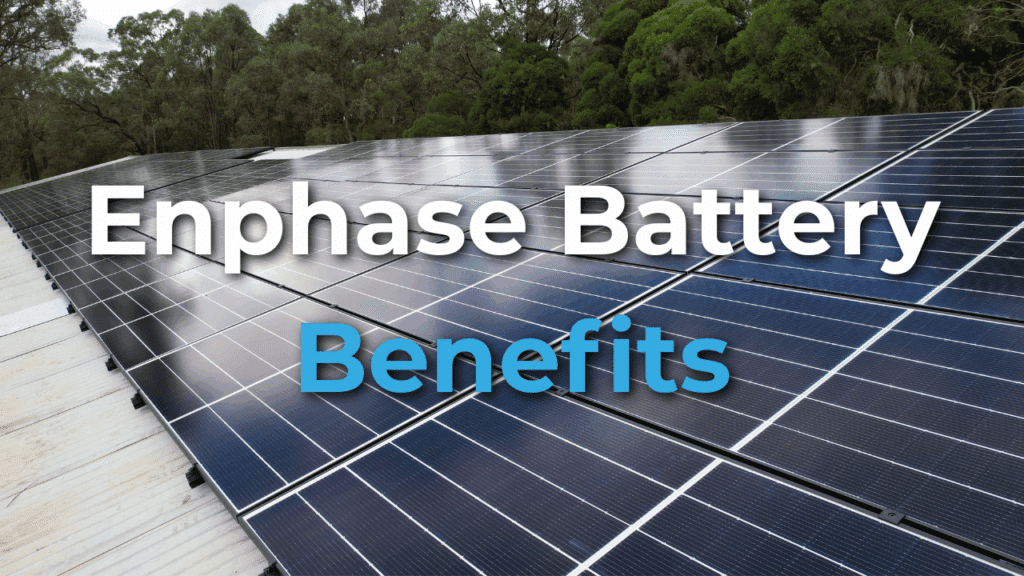 Rows of solar panels on a rooftop with trees in the background. Text overlay reads "Enphase Battery Benefits.