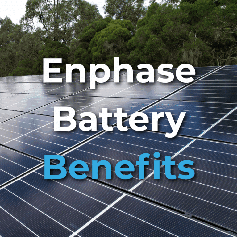 Rows of solar panels outdoors with trees in the background; overlaid text reads "Enphase Battery Benefits.