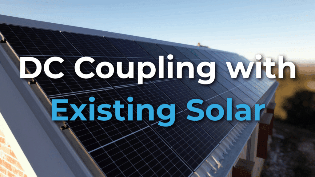 A rooftop solar panel system with the text "DC Coupling with Existing Solar" overlaid on the image.