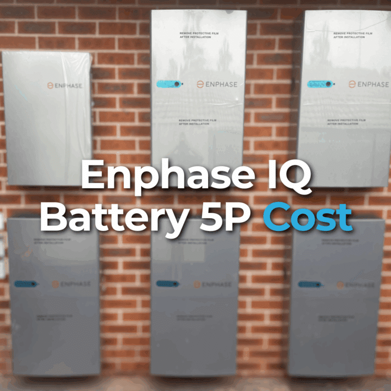Six Enphase IQ Battery 5P units mounted on a brick wall with the text "Enphase IQ Battery 5P Cost" overlaid in the center.