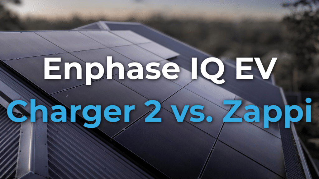 Enphase IQ EV Charger 2 vs. Zappi comparison on a rooftop with solar panels.