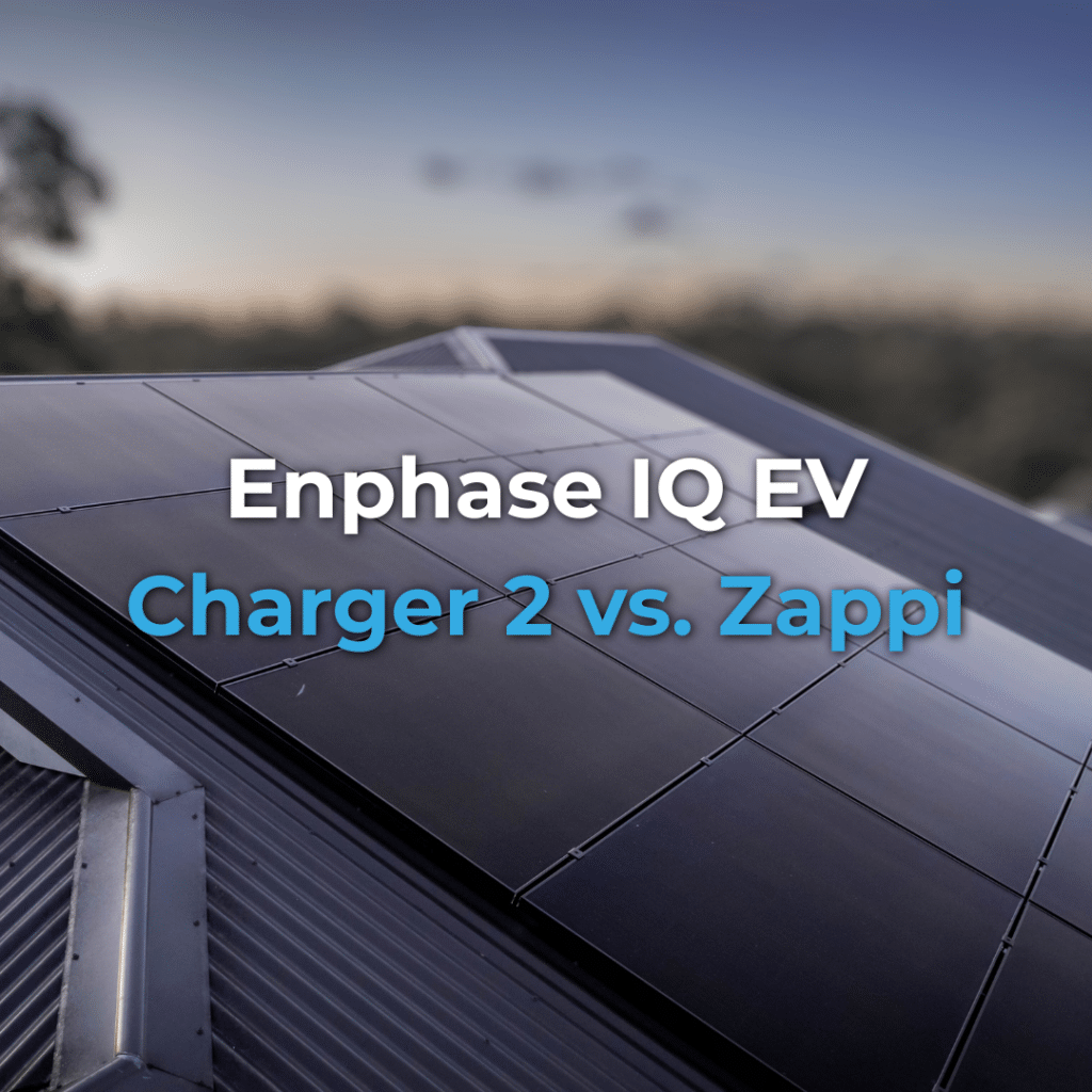 Solar panels on a roof with text "Enphase IQ EV Charger 2 vs. Zappi".
