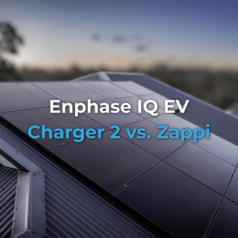 Solar panels on a roof with text "Enphase IQ EV Charger 2 vs. Zappi".