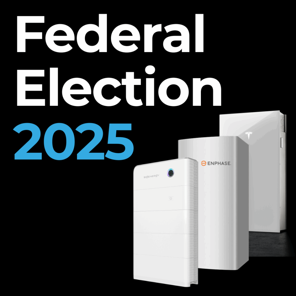 Text reads “Federal Election 2025” above three home battery storage units from different brands on a black background.