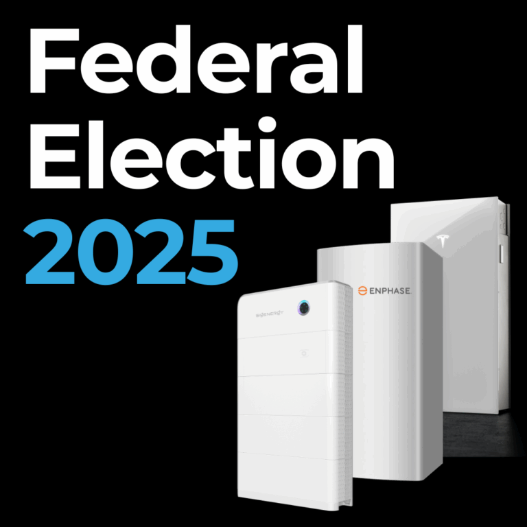 Text reads “Federal Election 2025” above three home battery storage units from different brands on a black background.