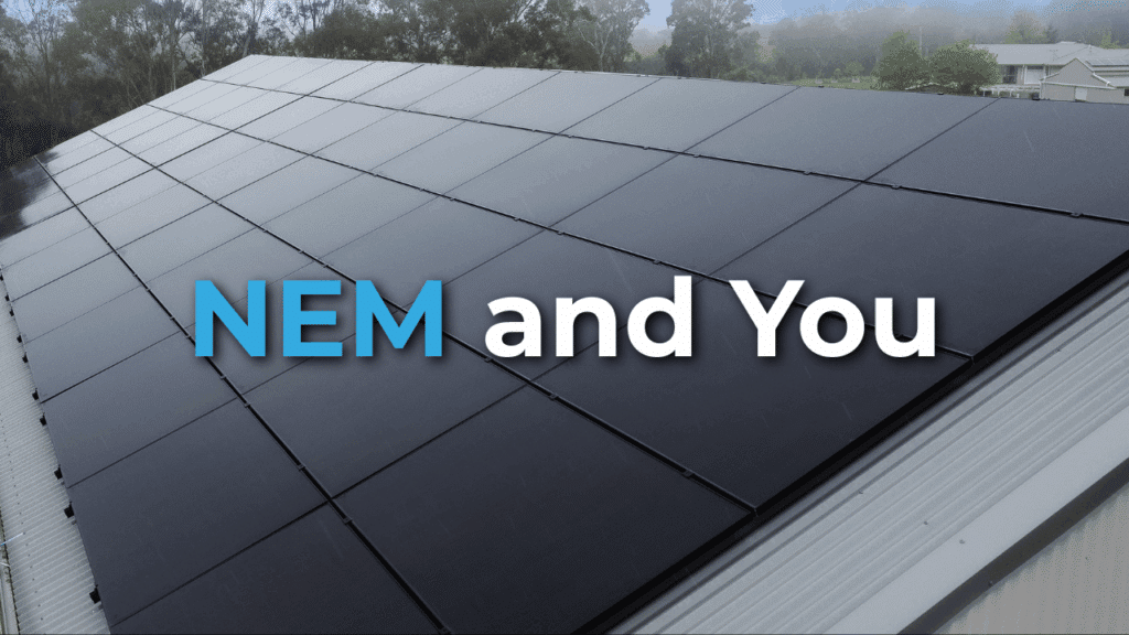Solar panels cover a sloped rooftop under an overcast sky. The words "NEM and You" are displayed prominently over the image.