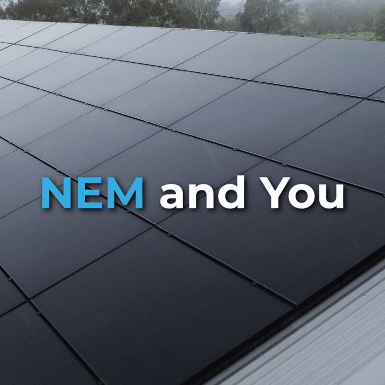 Close-up of solar panels on a rooftop with the text "NEM and You" overlaid on the image.
