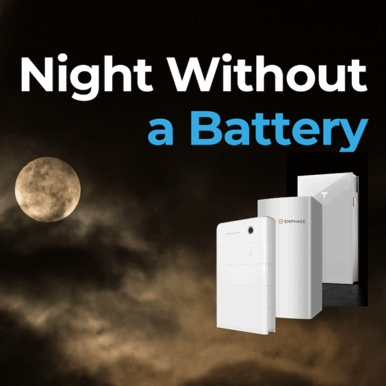 A cloudy night sky with a visible moon; in the foreground are three home battery units labeled Enphase, Tesla, and another brand. Text reads "Night Without a Battery.