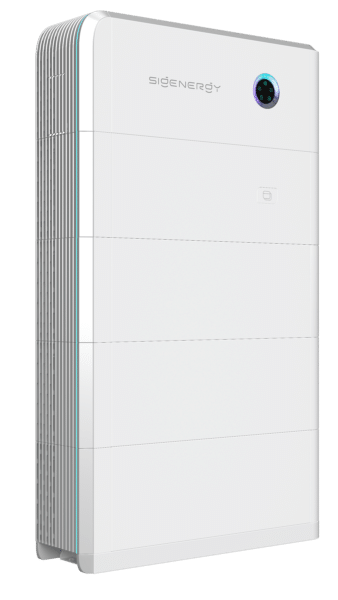 A sleek, vertical white energy storage unit with digital display and horizontal lines, labeled "Sigenergy.
