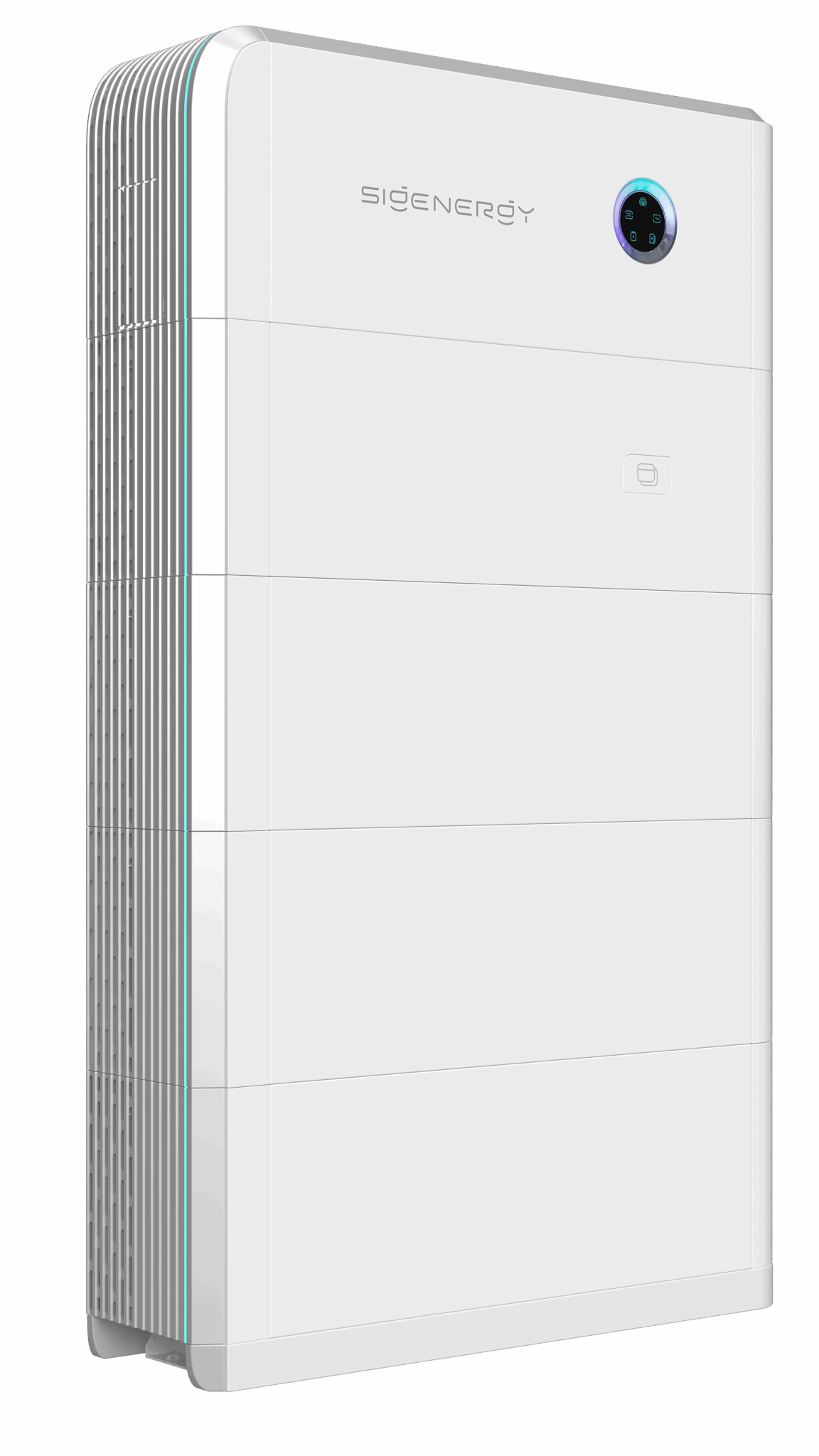 A modern, white vertical appliance with a digital display on the top right corner and horizontal vent lines on the left side.