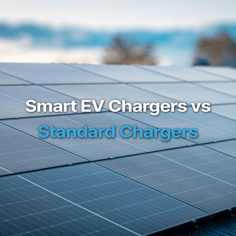 Solar panels with text overlaying "Smart EV Chargers vs Standard Chargers".