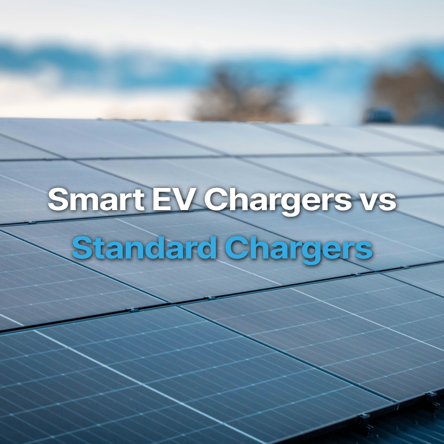 Solar panels with text overlaying "Smart EV Chargers vs Standard Chargers".