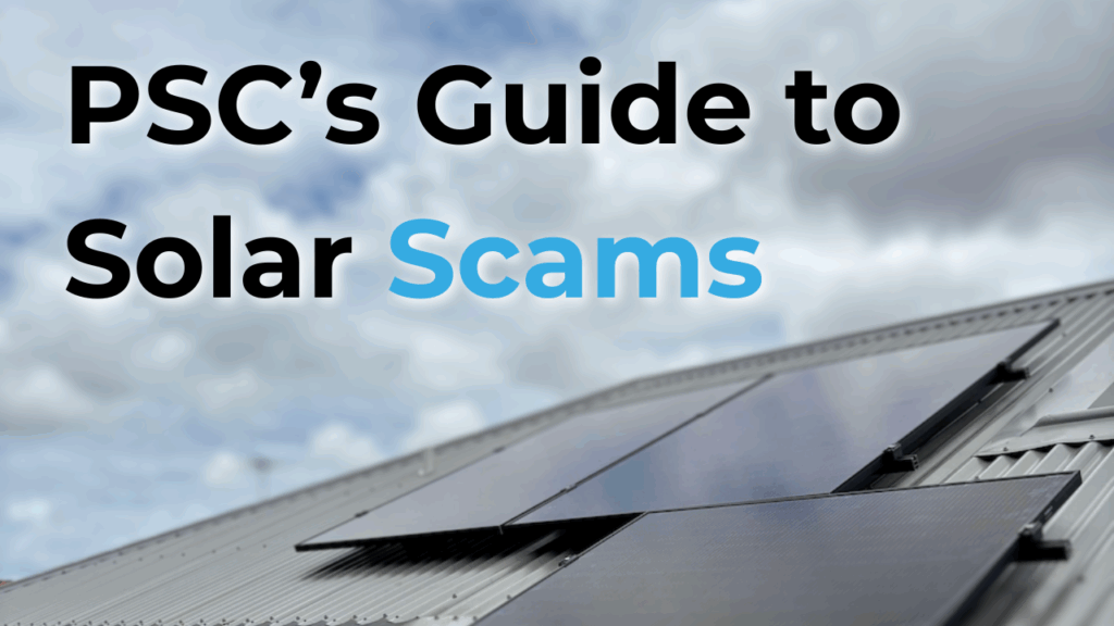Rooftop solar panels with cloudy sky background; text overlay reads "PSC’s Guide to Solar Scams.