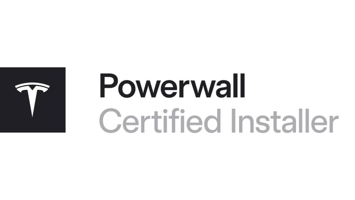 Tesla Powerwall Certified Installer logo with Tesla "T" symbol on the left and text indicating certification on the right against a white background.