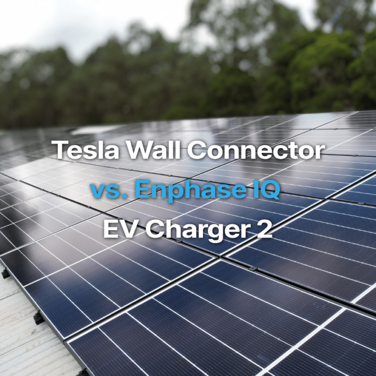 Comparison of Tesla Wall Connector and Enphase IQ EV Charger 2, overlaid on a solar panel array.