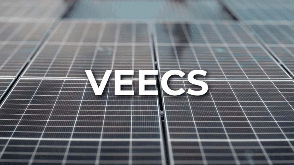 Rows of solar panels with the word "VEECS" in bold white letters overlaid in the center.