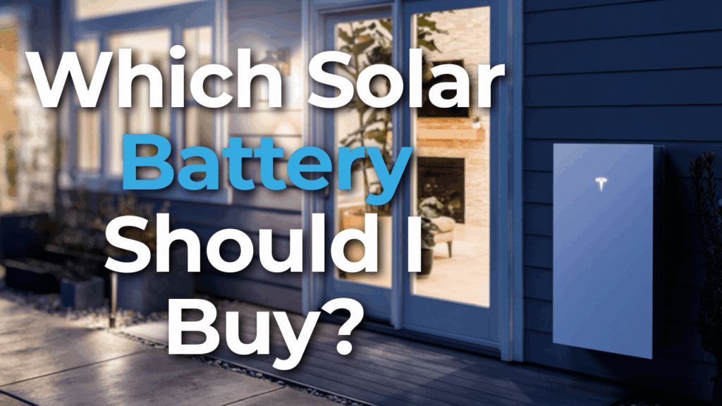A house exterior at dusk with a wall-mounted battery pack and the text “Which Solar Battery Should I Buy?” overlaid on the image.