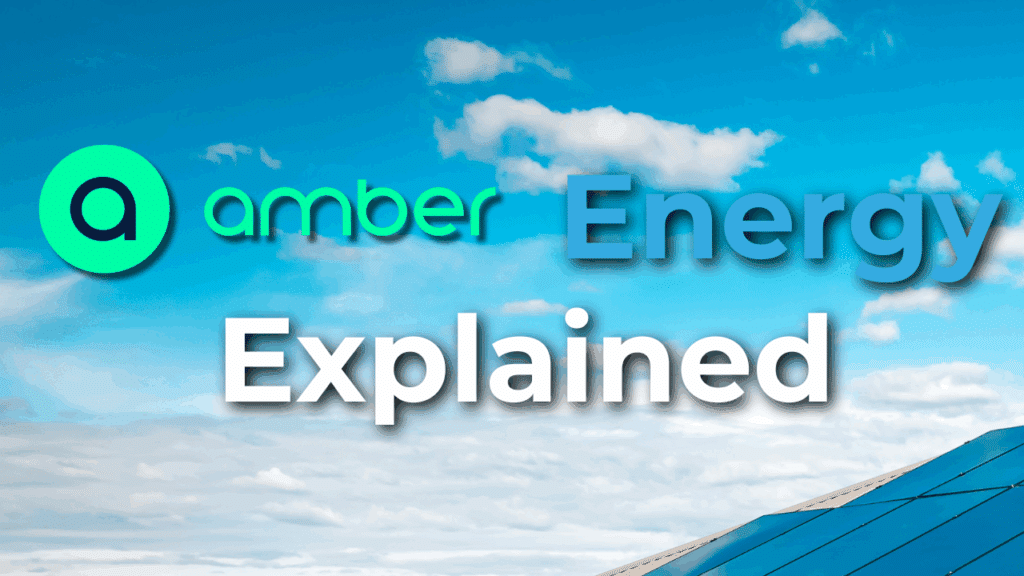 Amber Energy Explained text on a blue sky background with clouds and a partial view of a solar panel in the bottom right corner.