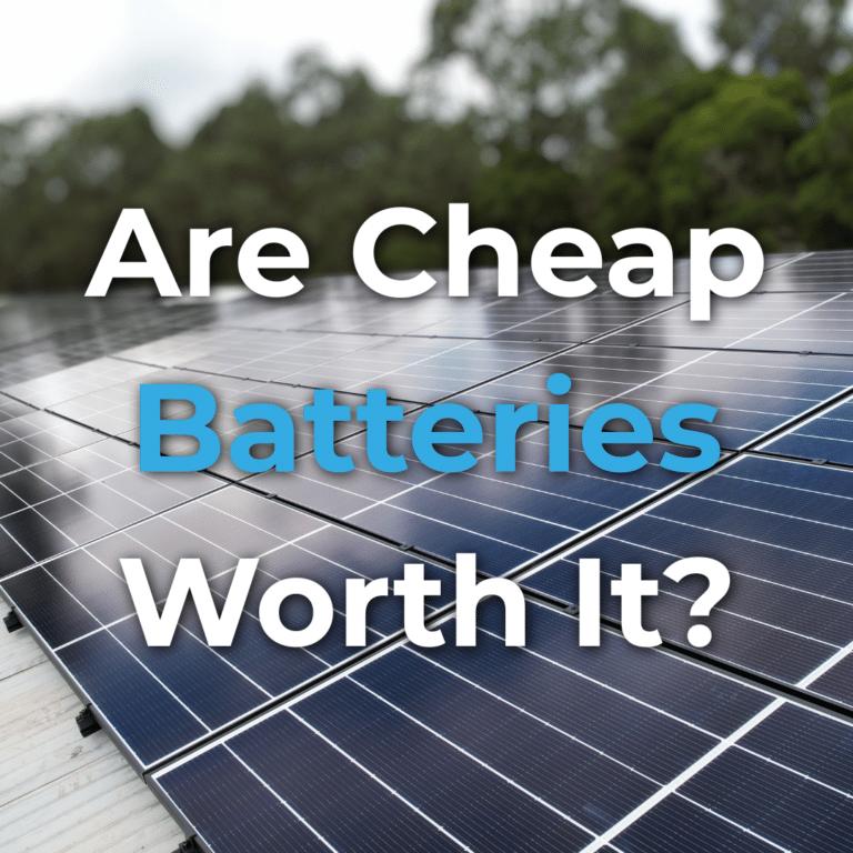 Rows of solar panels outdoors with the text "Are Cheap Batteries Worth It?" displayed over the image.