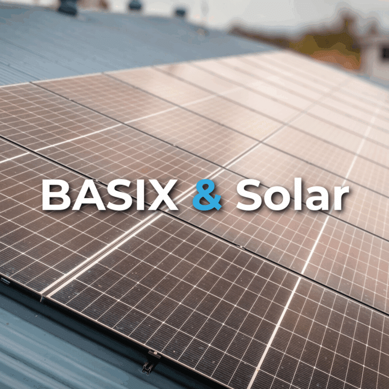 Rows of solar panels installed on a metal rooftop with the words "BASIX & Solar" overlaid in bold text.