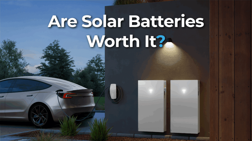 Electric car charging at a wall-mounted station beside two solar batteries; text above reads, “Are Solar Batteries Worth It?”.