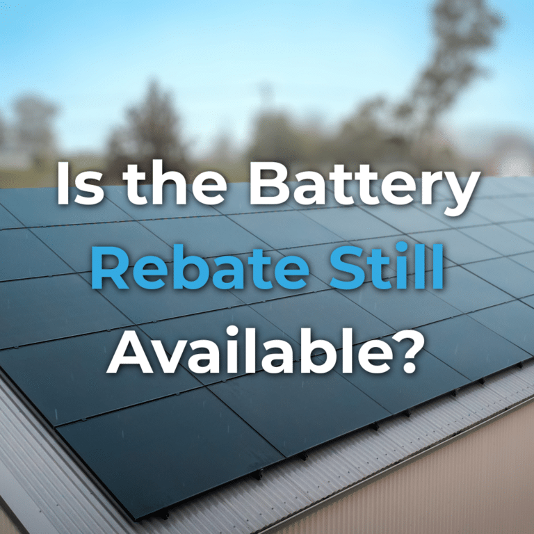 A rooftop with solar panels in the foreground; text over the image reads, "Is the Battery Rebate Still Available?.