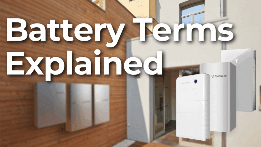 Three home battery units mounted on a wooden wall and three individual battery products, with the text "Battery Terms Explained" in bold white letters.
