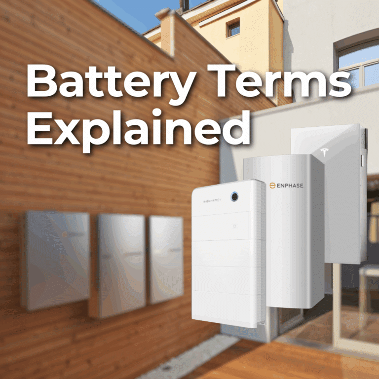 Three home battery units are shown in front of a modern house, with the text "Battery Terms Explained" displayed above.
