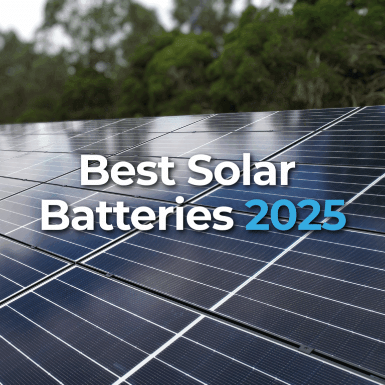 Rows of solar panels outdoors with the text "Best Solar Batteries 2025" overlaid on the image.