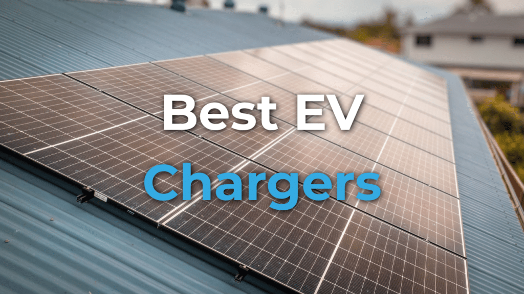 Rows of solar panels are installed on a corrugated metal roof, with the text "Best EV Chargers" overlaid at the center.