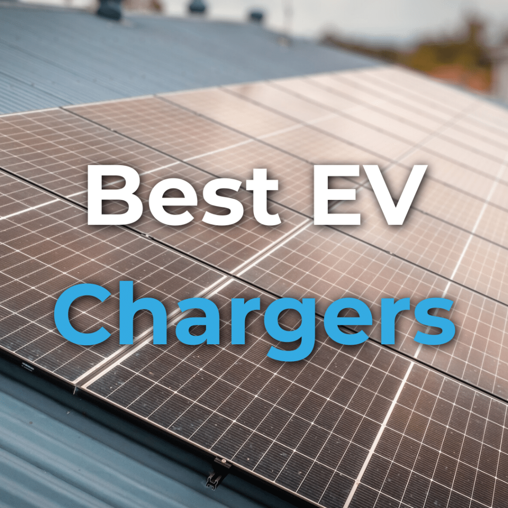 A rooftop solar panel array with the words "Best EV Chargers" overlaid in white and blue text.