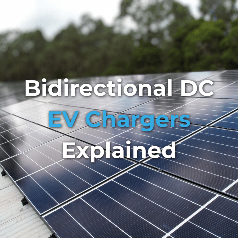 Rows of solar panels outdoors with the text "Bidirectional DC EV Chargers Explained" overlayed.