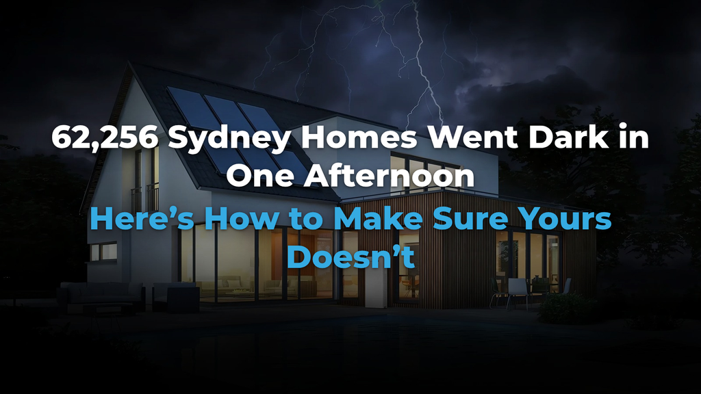 Modern house at night with lights on and a stormy sky overhead; text warns about Sydney power outages and offers tips to prevent them.