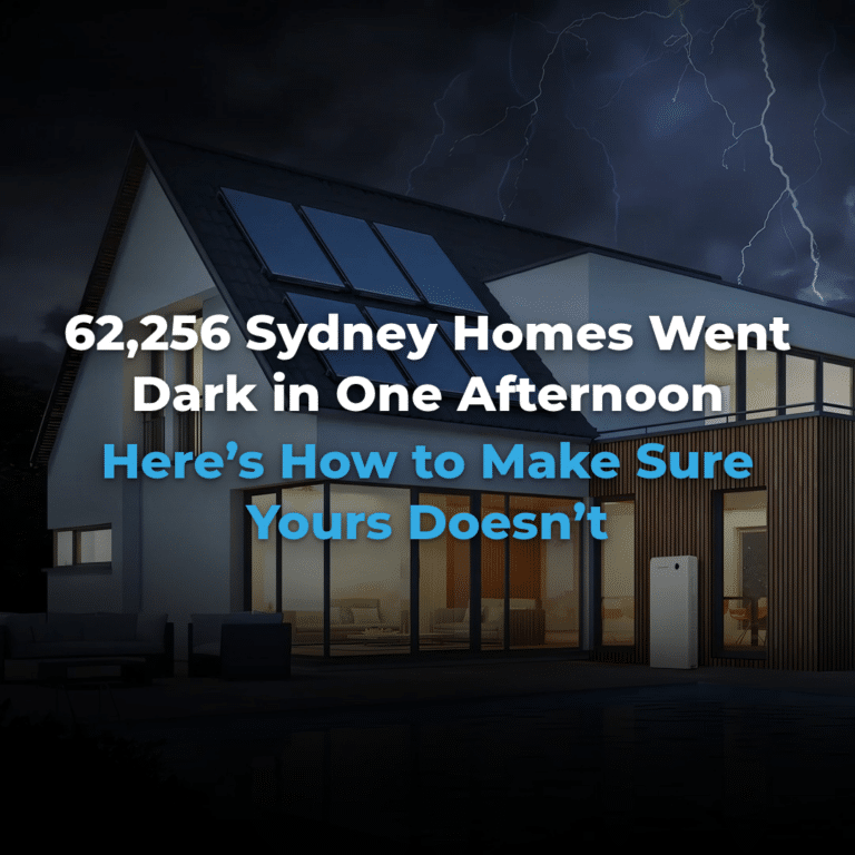 Modern house at night with lights on, thunderstorm and lightning in the background. Text discusses a Sydney blackout and tips for preventing power loss.