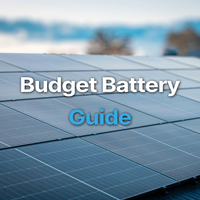 Rows of solar panels outdoors with the text "Budget Battery Guide" overlaid on the image.