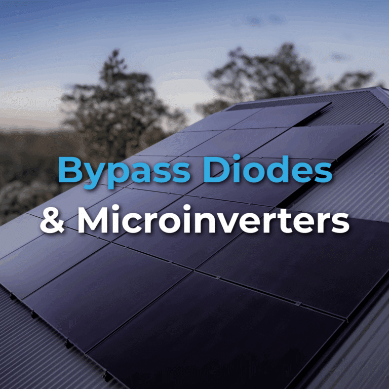 A rooftop with solar panels and the text “Bypass Diodes & Microinverters” overlaid on the image. Trees and sky are visible in the background.