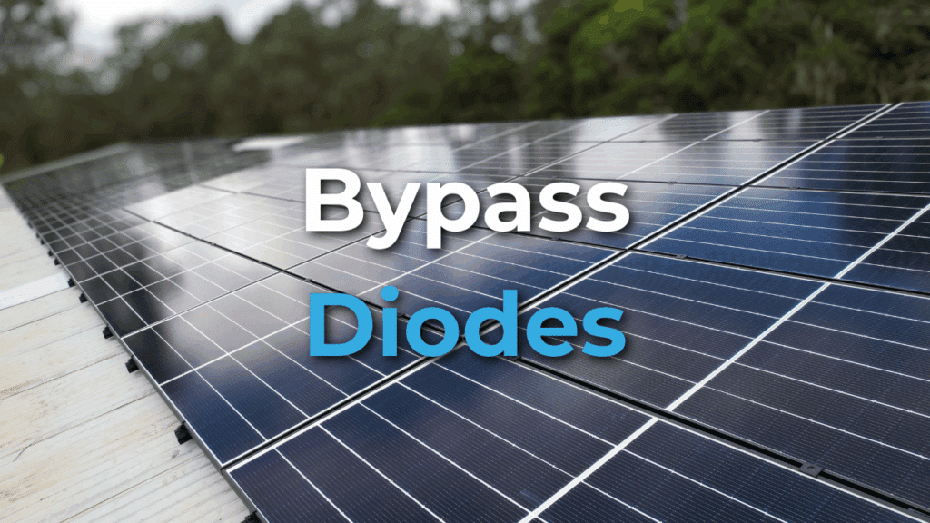 A row of solar panels installed outdoors with the words "Bypass Diodes" overlaid on the image.