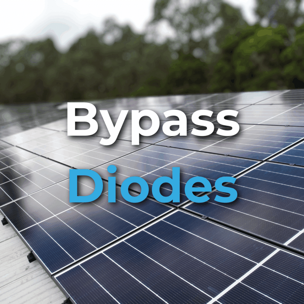 Rows of solar panels outdoors with the words "Bypass Diodes" overlaid on the image.