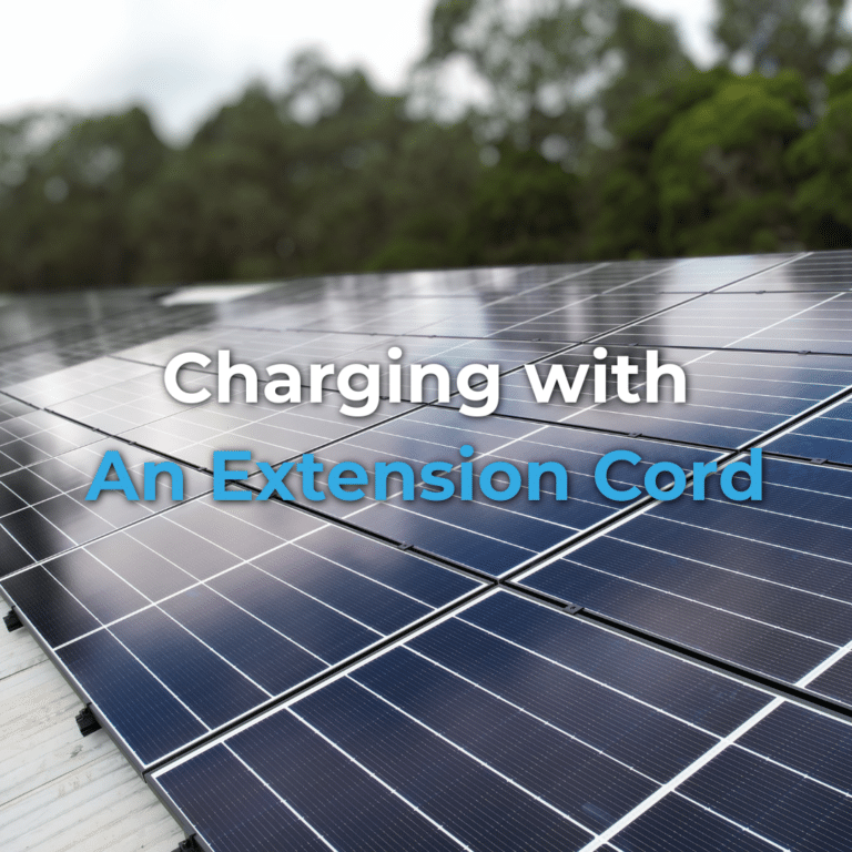 Rows of solar panels outdoors with the words “Charging with An Extension Cord” overlaid in white and blue text.
