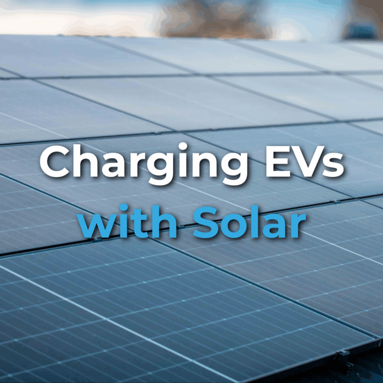 Close-up of solar panels with the text "Charging EVs with Solar" overlaid on the image.